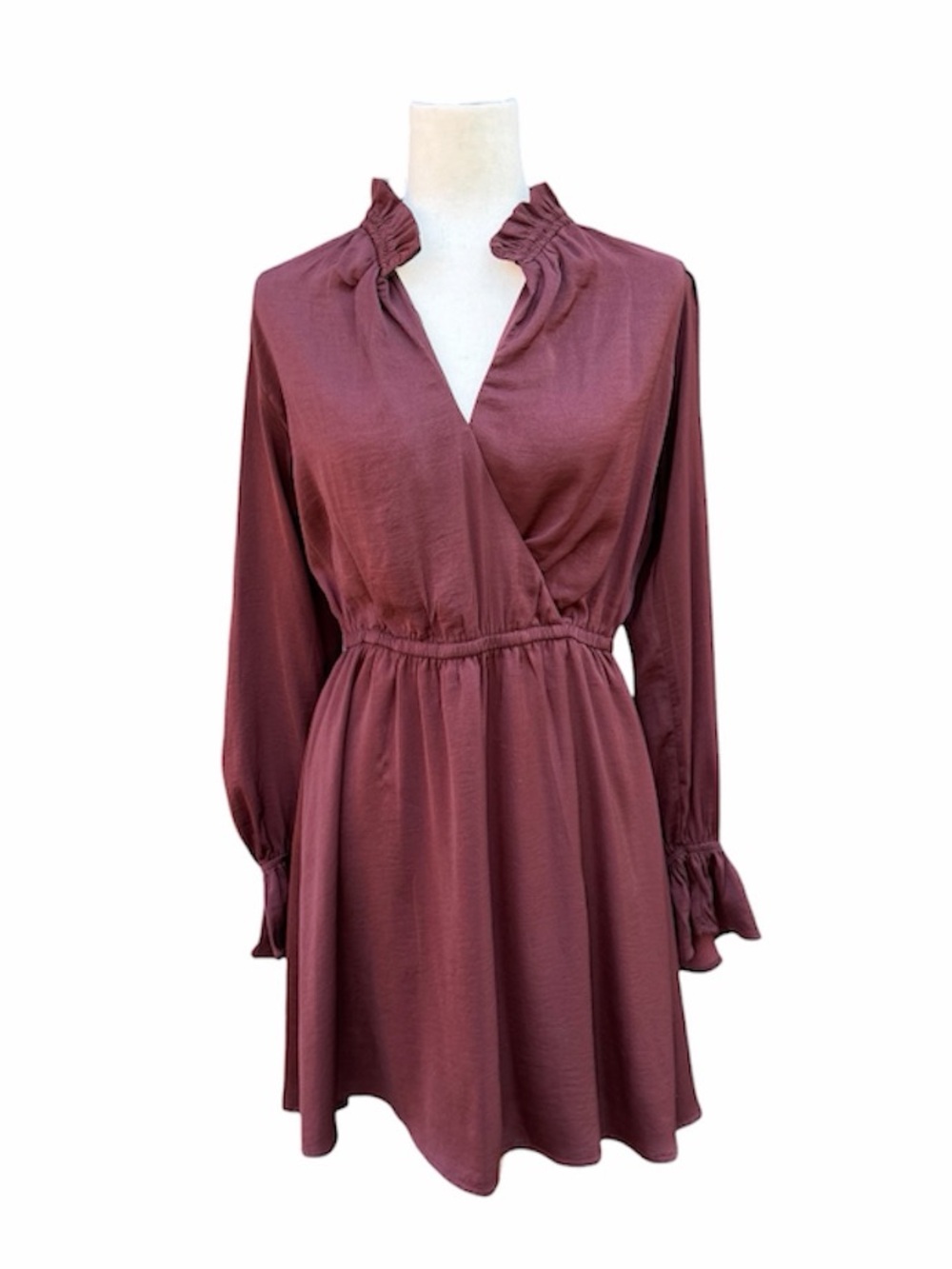 Banana Republic Women's Ruffle Neck Long Sleeve Faux Wrap Dress Burgundy Wine S